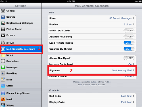 iOS Settings App, Mail, Signature
